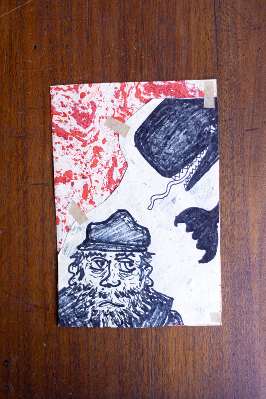 Original Art Print ~ Marble Red & Newspaper Seacaptain & Whale Meeting