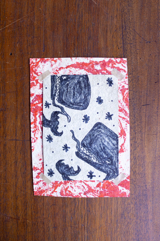 Original Art Print ~ Red Marble Whale Meeting